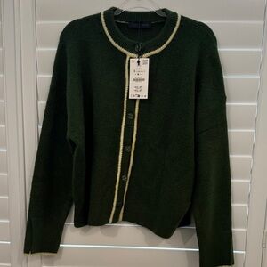 Zara Forest Green Cardigan with Cream Trim